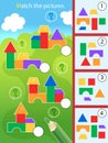 Matching game, education game for children. Puzzle for kids. Match by elements. Toy pyramids. Worksheet for preschoolers