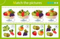 Matching game, education game for children. Puzzle for kids. Match by elements. Vases with fruits and berries. Currant, strawberry
