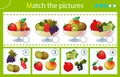 Matching game, education game for children. Puzzle for kids. Match by elements. Vases with fruits and berries. Currant, strawberry