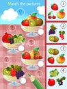 Matching game, education game for children. Puzzle for kids. Match by elements. Vases with fruits and berries. Currant, strawberry