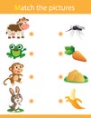 Matching game, education game for children. Puzzle for kids. Match the right object. Cartoon Animals and their Favorite Food. Cow