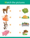 Matching game, education game for children. Puzzle for kids. Match the right object. Cartoon Animals and their Favorite Food. Royalty Free Stock Photo