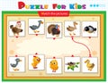 Matching game, education game for children. Puzzle for kids. Match the right object. Cartoon animals with their young Royalty Free Stock Photo