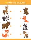 Matching game, education game for children. Puzzle for kids. Match the right object. Cartoon animals with their young. Deer,