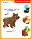 Matching game, education game for children. Puzzle for kids. Match the right object. Help the bear find his favorite food