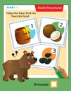 Matching game, education game for children. Puzzle for kids. Match the right object. Help the bear find his favorite food