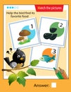 Matching game, education game for children. Puzzle for kids. Match the right object. Help the bird find its favorite food Royalty Free Stock Photo