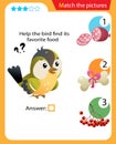 Matching game, education game for children. Puzzle for kids. Match the right object. Help the bird find its favorite food