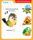 Matching game, education game for children. Puzzle for kids. Match the right object. Help the bird find its home