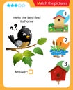 Matching game, education game for children. Puzzle for kids. Match the right object. Help the bird find its home Royalty Free Stock Photo