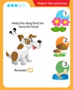 Matching game, education game for children. Puzzle for kids. Match the right object. Help the dog find his favorite food