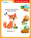 Matching game, education game for children. Puzzle for kids. Match the right object. Help the fox find his favorite food