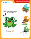 Matching game, education game for children. Puzzle for kids. Match the right object. Help the frog find his favorite food