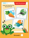 Matching game, education game for children. Puzzle for kids. Match the right object. Help the frog find his favorite food