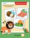 Matching game, education game for children. Puzzle for kids. Match the right object. Help the lion find his favorite food Royalty Free Stock Photo