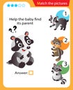 Matching game, education game for children. Puzzle for kids. Match the right object. Help the little badger find its parent