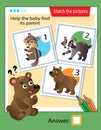 Matching game, education game for children. Puzzle for kids. Match the right object. Help the little bear find its parent