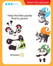 Matching game, education game for children. Puzzle for kids. Match the right object. Help the little panda find its parent