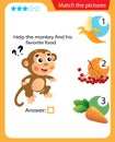 Matching game, education game for children. Puzzle for kids. Match the right object. Help the monkey find his favorite food