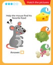 Matching game, education game for children. Puzzle for kids. Match the right object. Help the mouse find his favorite food