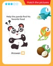 Matching game, education game for children. Puzzle for kids. Match the right object. Help the panda find his favorite food