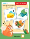 Matching game, education game for children. Puzzle for kids. Match the right object. Help the squirrel find his favorite food