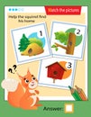 Matching game, education game for children. Puzzle for kids. Match the right object. Help the squirrel find his home