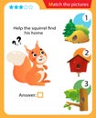 Matching game, education game for children. Puzzle for kids. Match the right object. Help the squirrel find his home