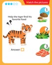 Matching game, education game for children. Puzzle for kids. Match the right object. Help the tiger find his favorite food