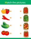 Matching game, education game for children. Puzzle for kids. Match the right object. Vegetables and pickles. Tomatoes, cucumbers,