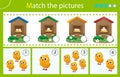 Matching game, education game for children. Puzzle for kids. Which house are the chickens from? Eggs and chicks. Worksheet for Royalty Free Stock Photo