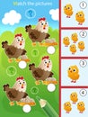 Matching game, education game for children. Puzzle for kids. Whose chickens? Hens, eggs and chicks. Worksheet for preschoolers Royalty Free Stock Photo