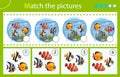 Matching game, education game for children. Puzzle for kids. Match by elements. Aquarium fishes. Clownfish, guppy, angelfish.