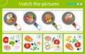 Matching game, education game for children. Puzzle for kids. Match by elements. Frying pans and products. Food and meals.