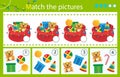 Matching game, education game for children. Puzzle for kids. Match by elements. Santa Claus bag with gifts, toys and sweets. Royalty Free Stock Photo