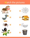 Matching game, education game for children. Puzzle for kids. Match the right object. Cartoon Animals. Cow, goose, spider, bird Royalty Free Stock Photo