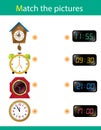 Matching game, education game for children. Puzzle for kids. Match the right object. Watches and time. Alarm clock, wall clock