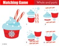 Matching game. Educational children activity with Christmas cupcake. Learning whole and parts. New year holidays theme