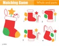 Matching game. Educational children activity with Christmas gift sock. Learning whole and parts page with New year holidays theme