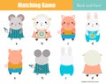 Matching game. Educational children activity with cute animals. Learning back and front