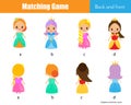Matching game. Educational children activity with cute princess. Learning back and front