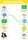 Matching game. Educational children activity. match opposites. Activity for pre scholl years kids and toddlers
