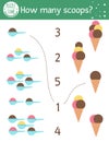 Matching game with ice-cream cones and scoops. Summer food math activity for preschool children. Beach holiday counting worksheet