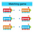 Matching game for kids. Find the correct color of cartoon locomotive and match