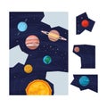 Matching game for kids with map of space with planets and sun. Vector cartoon flat illustration of Solar System. Royalty Free Stock Photo
