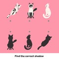 Matching game for kids preschool and kindergarten age. Find the correct shadow. Cute cats. Royalty Free Stock Photo