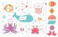 Matching game for kids with sea animals. Learning geometric shapes activity page