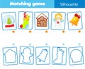 Matching game. Match Christmas objects with silhouette. Educational kids activity. New year theme fun page for toddlers