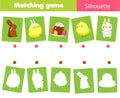 Matching game. Match Easter objects with silhouette. Educational kids activity. Spring theme fun page for toddlers