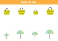 Matching game for preschool kids. Match beach bags and umbrellas by size Royalty Free Stock Photo